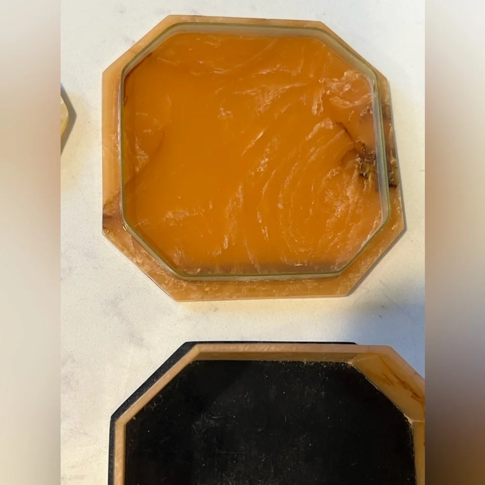 Vintage Gold / Brown Celluloid Vanity/Dresser Set 8 Pieces, powder box, scissors